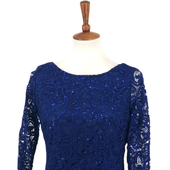 MARINA Cobalt Blue Long Sleeve Lace Scoop Back - Picture 2 of 9